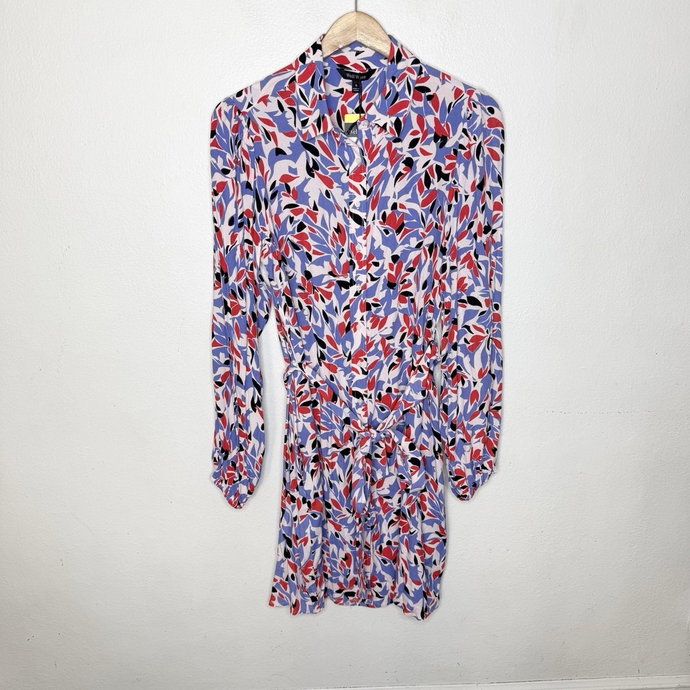 New Well Worn Long Sleeve Waist Tie Dress Red White Blue Pockets Women's Small